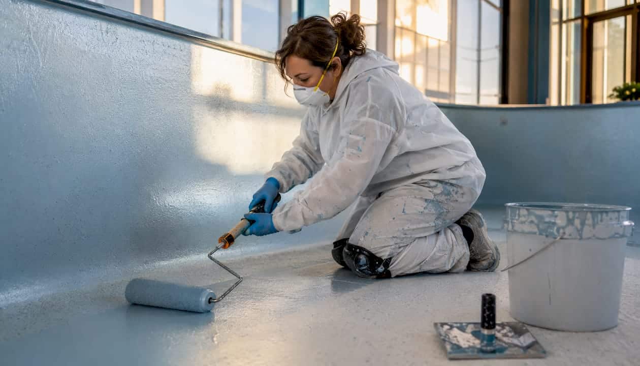 Professional applying bond coat inside pool shell