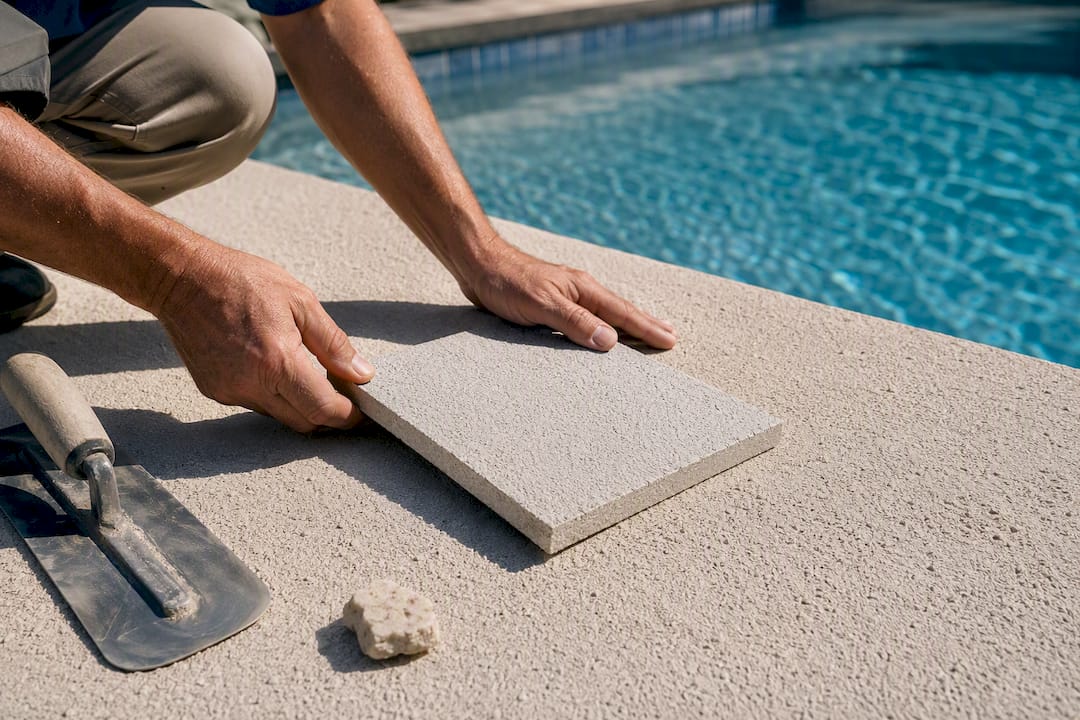 Poolside sample panel in midday sunlight