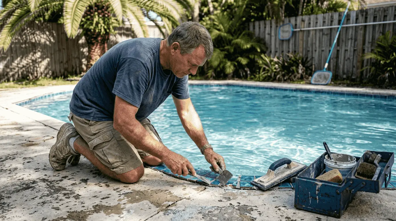 Homeowner inspecting damaged pool tiles Florida