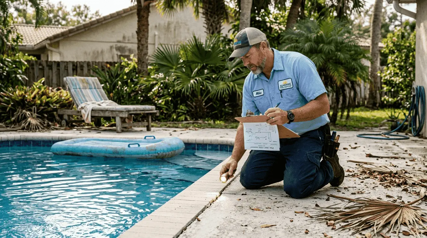 Technician inspecting suburban Florida pool crack