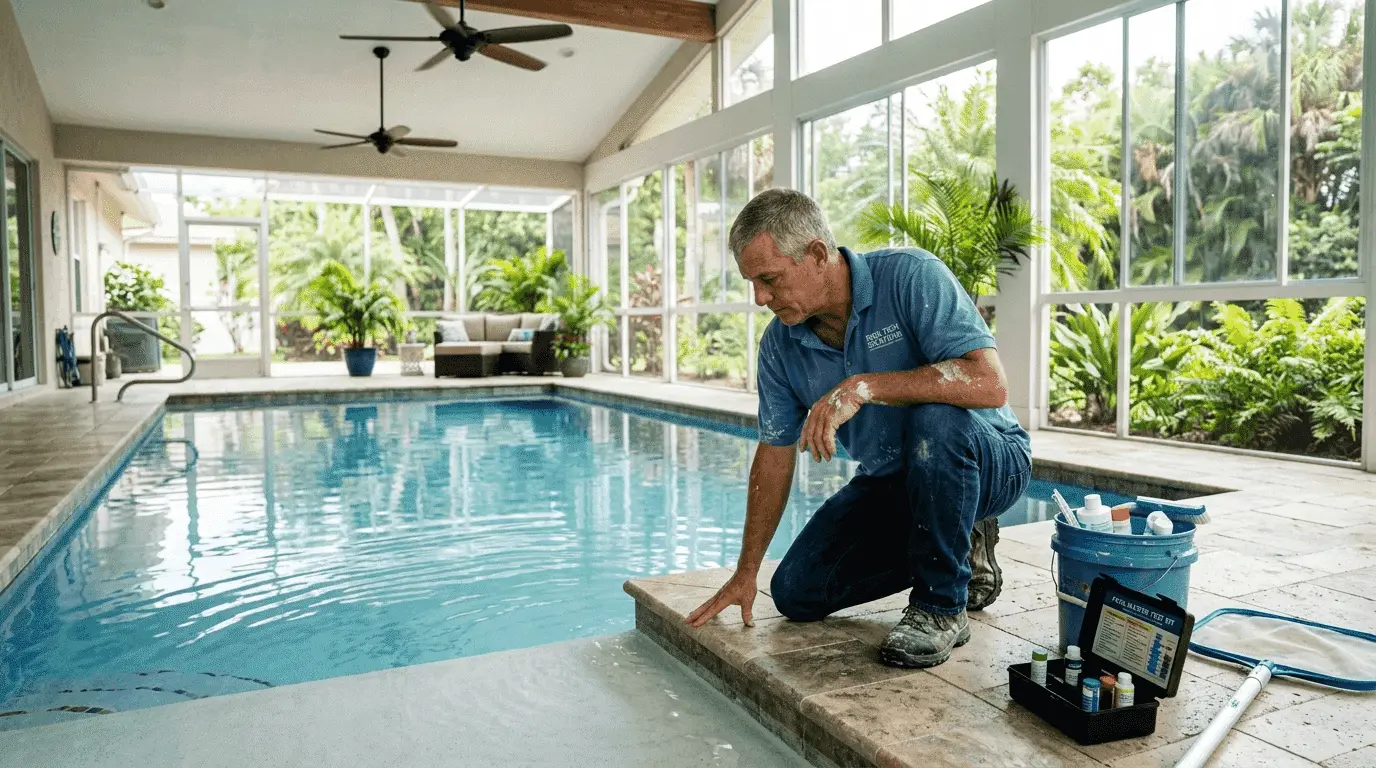 Florida indoor pool technician examining pool finish