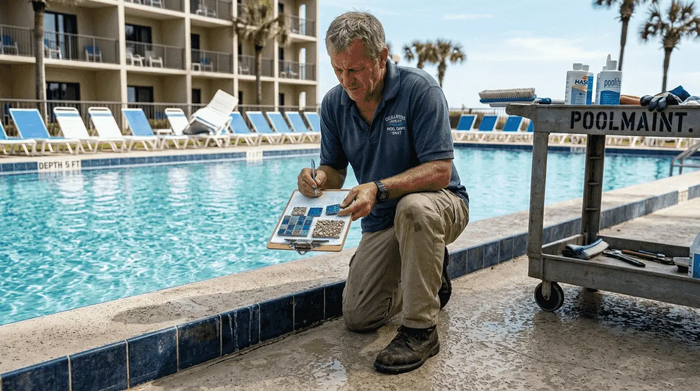 Manager examines commercial pool surfaces poolside