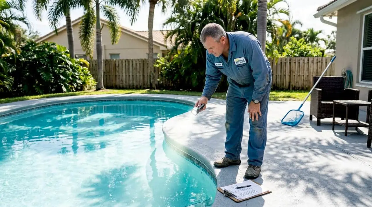 Florida pool tech inspecting weathered pool finish
