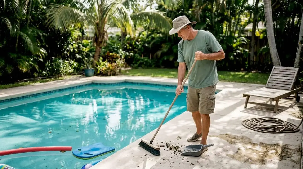 Man sweeping pool deck in Florida sunlight