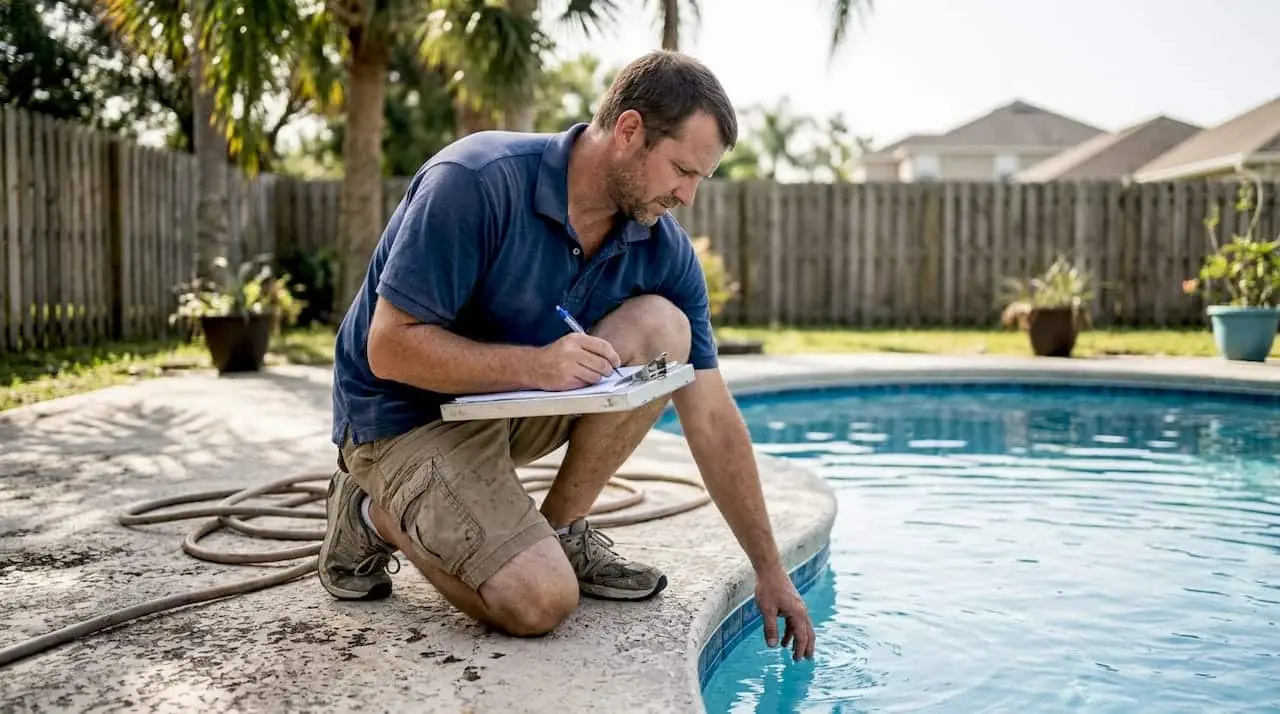 Technician inspecting Florida pool surface warranty
