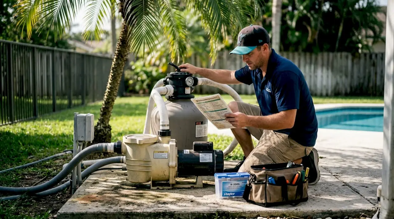 Technician inspecting pool pump in Florida backyard