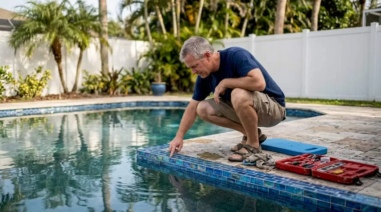 Homeowner inspecting new Florida pool tiles