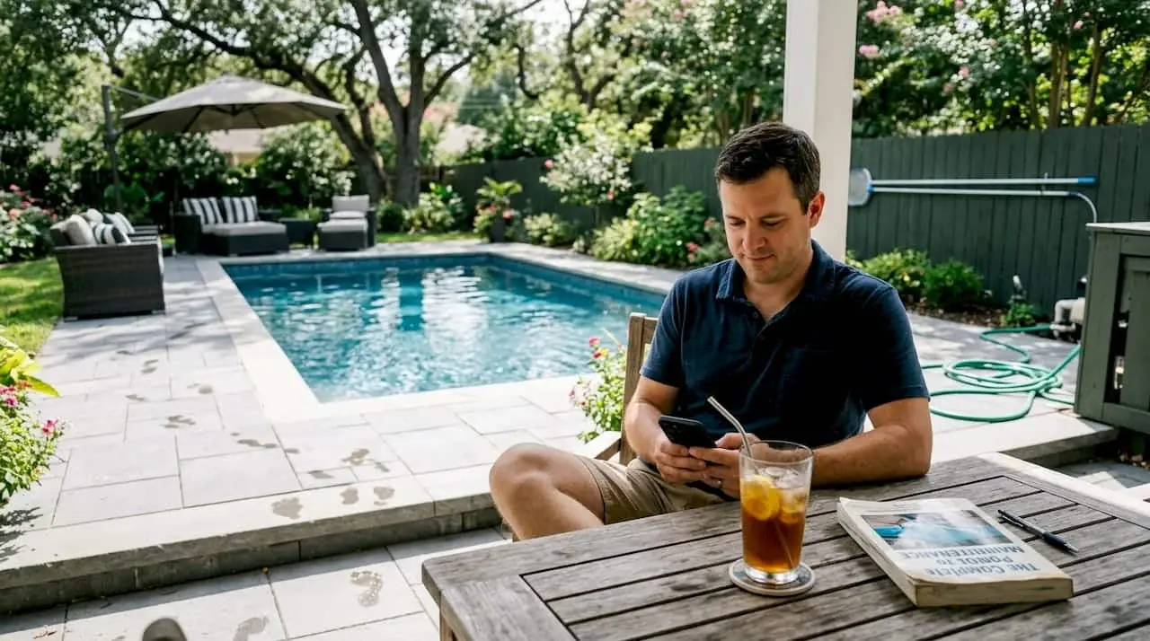 Homeowner using pool automation app outdoors