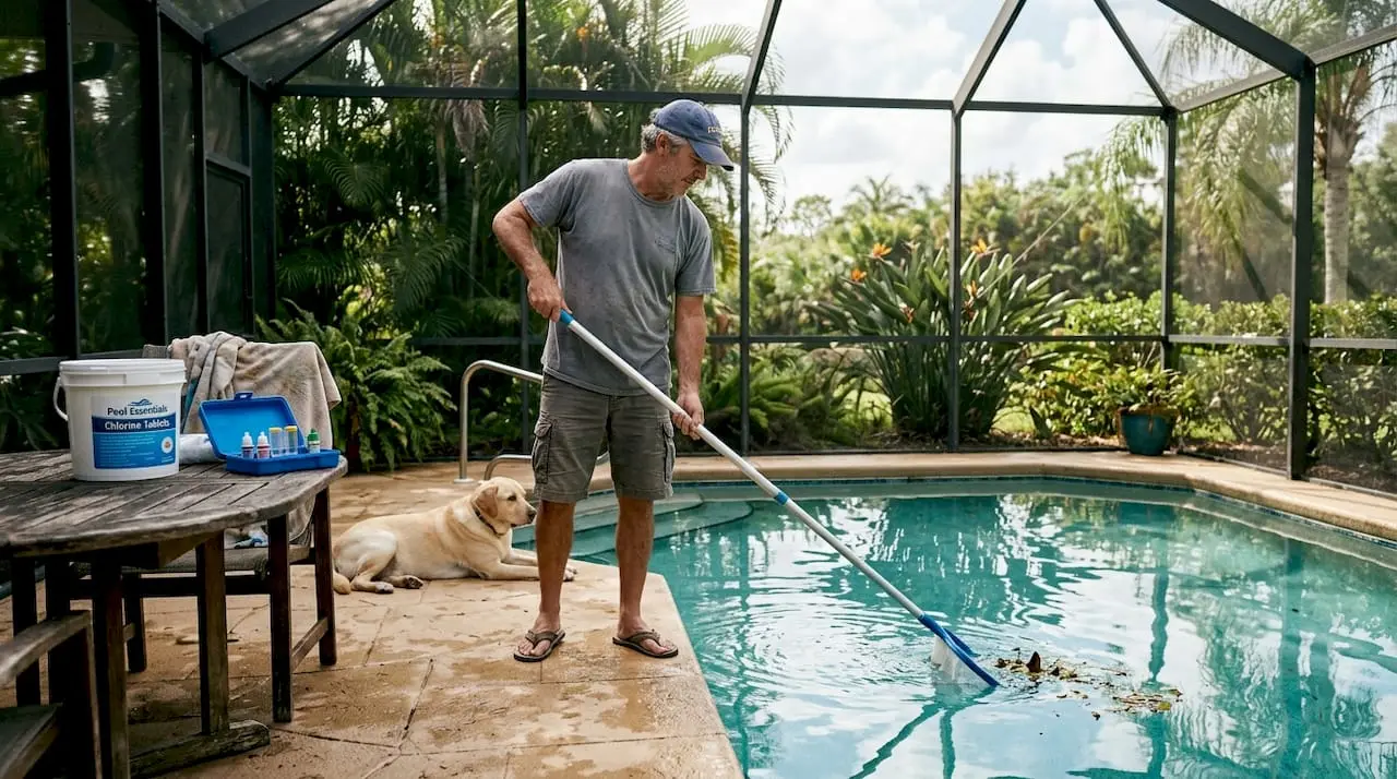 Homeowner skimming leaves from Florida pool