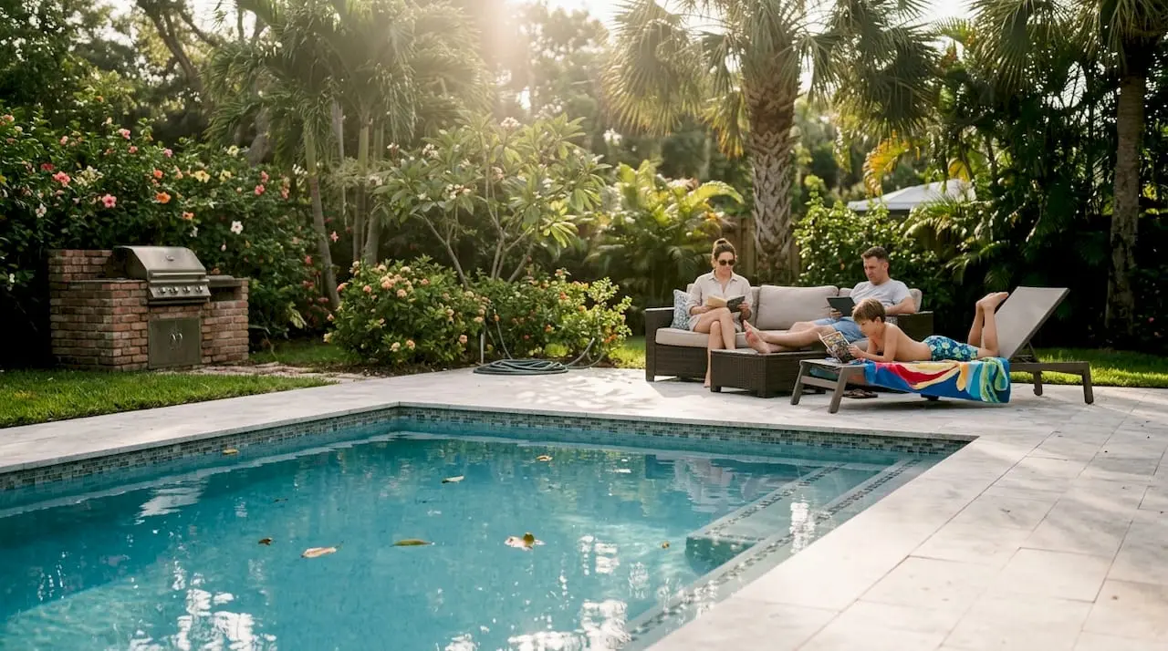 Modern Florida pool with family relaxing