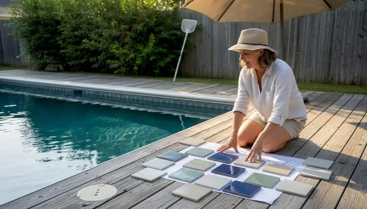 Homeowner comparing pool finish samples outside