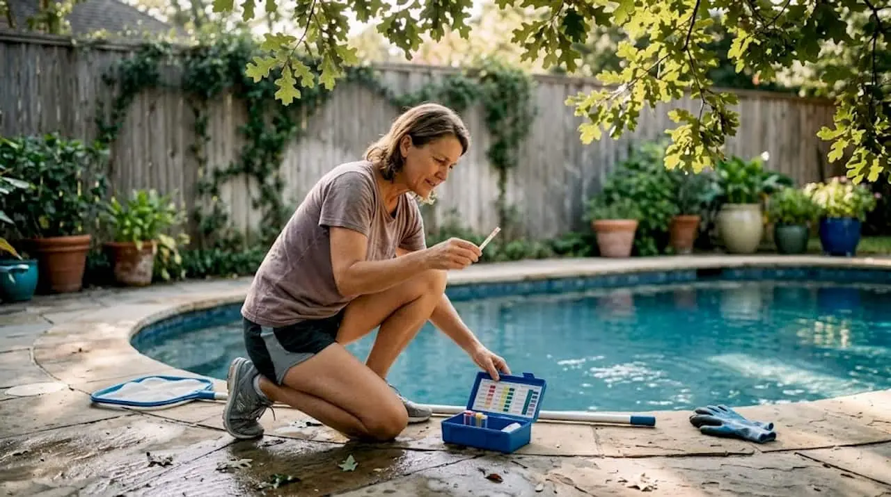 Homeowner performing basic pool maintenance