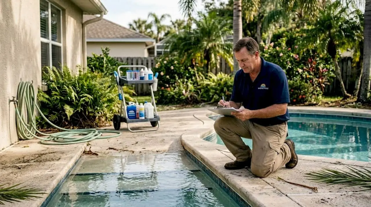 Pool contractor inspecting pool surface outdoors