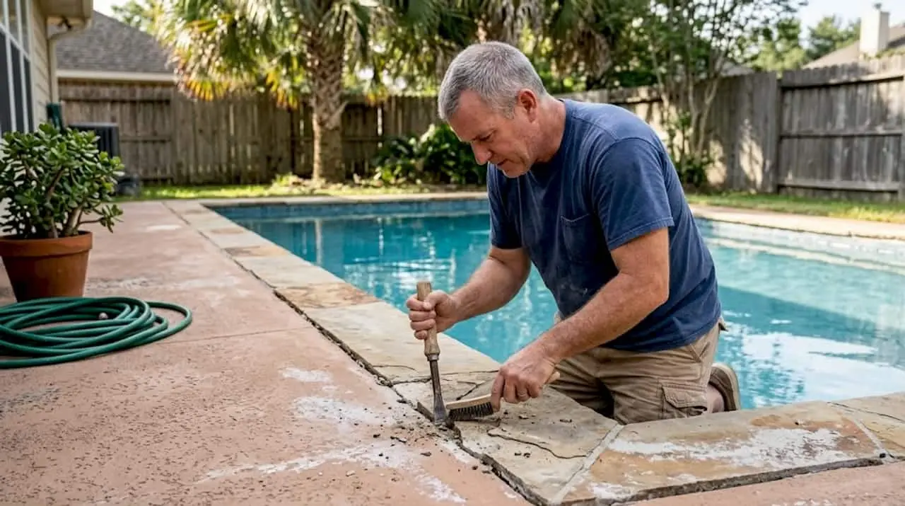 Homeowner checking cracked pool coping edge