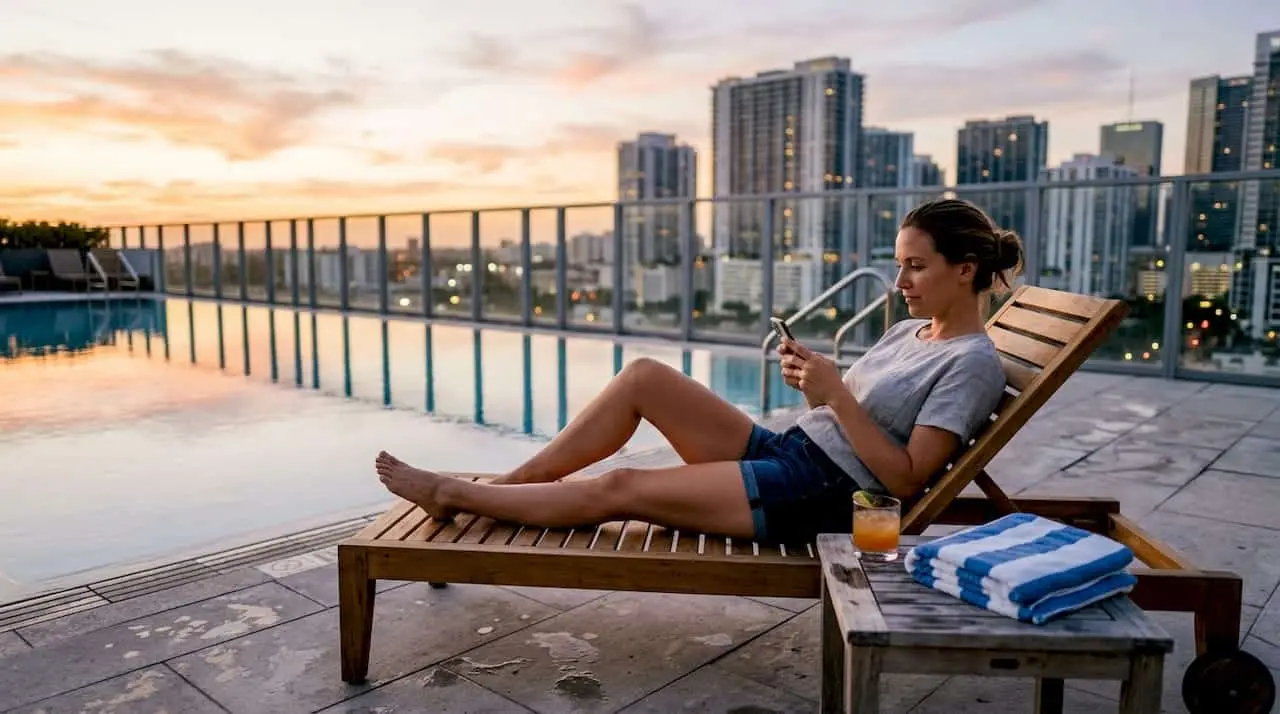 Guest relaxing by rooftop hotel pool at sunset