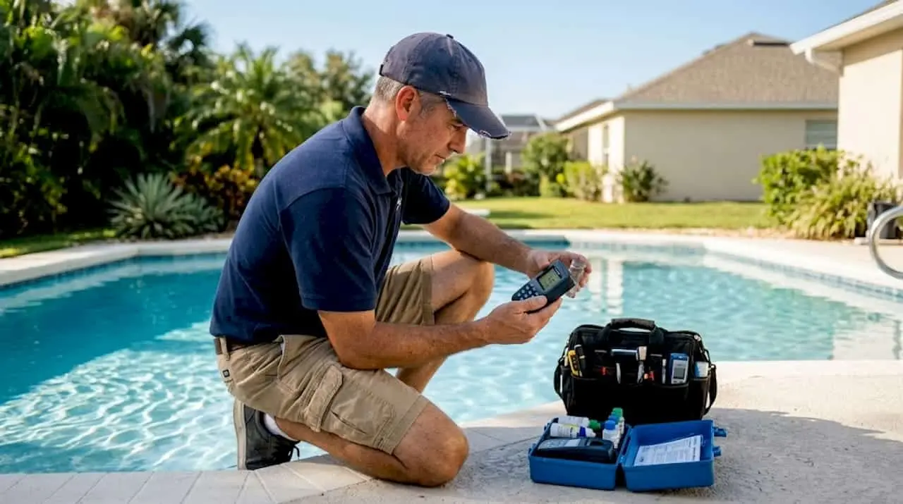 Technician testing pool water with equipment
