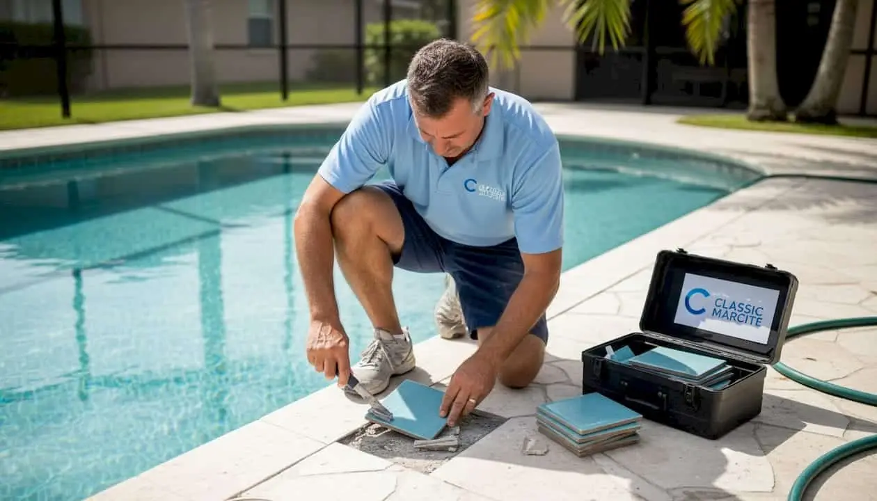 Pool technician replacing cracked pool tile