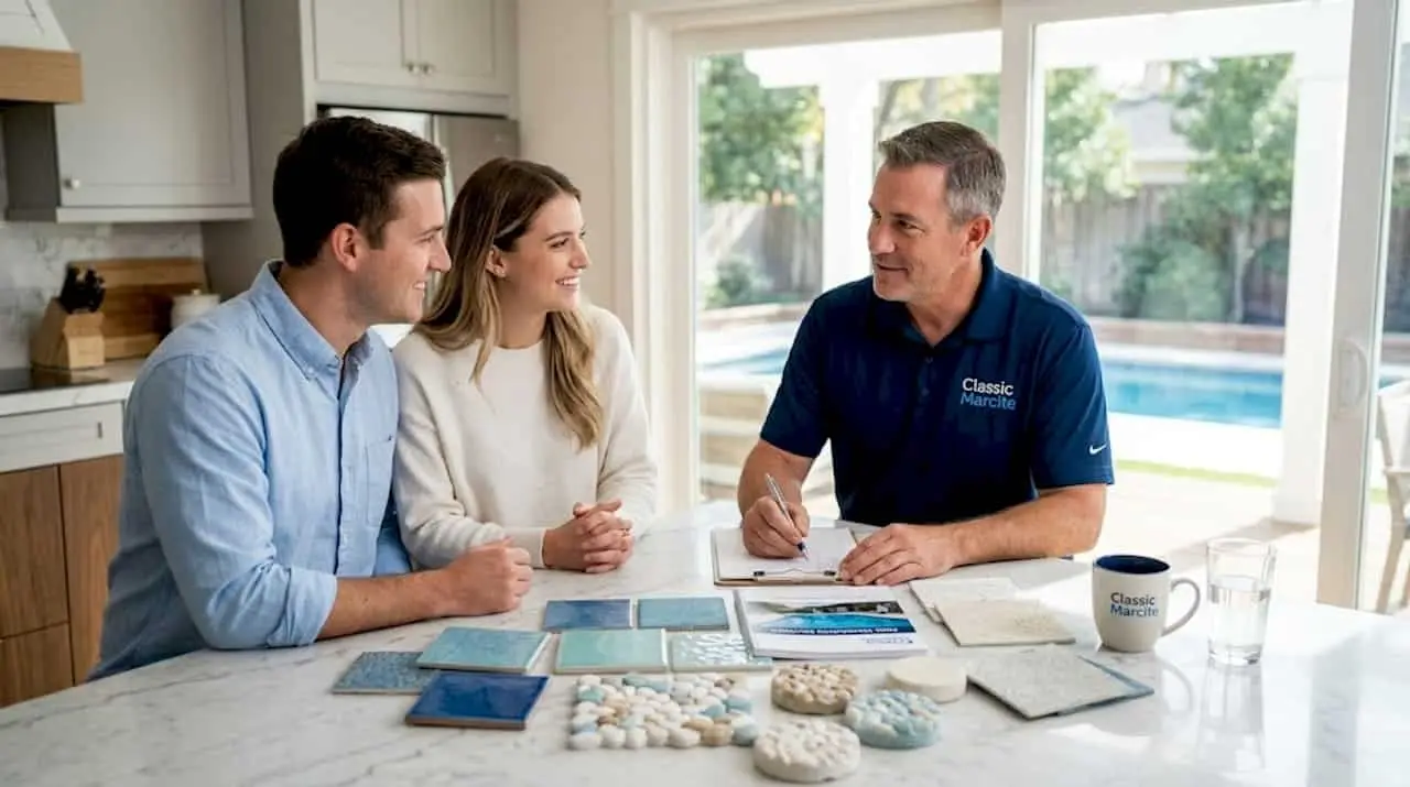 Homeowners and contractor choosing pool resurfacing materials
