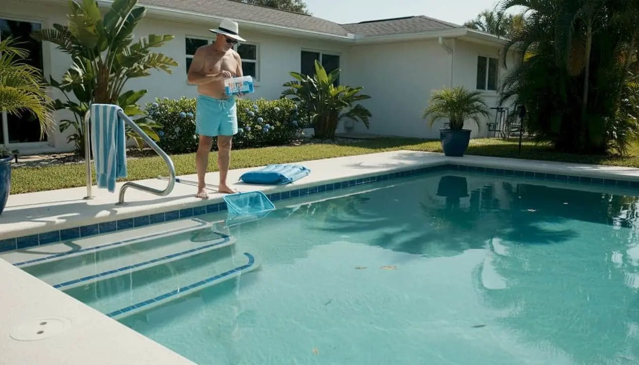 Man checking pool clarity in Florida backyard