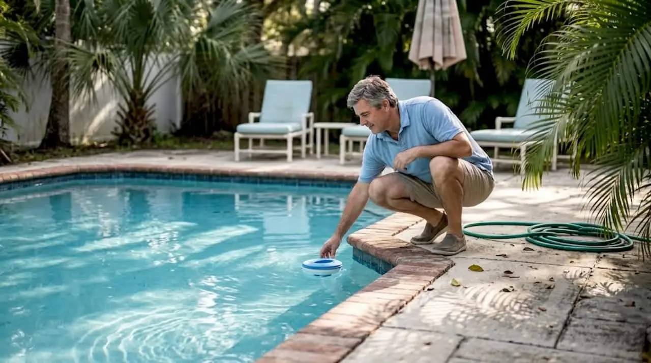 Homeowner checking pool skimmer for water loss