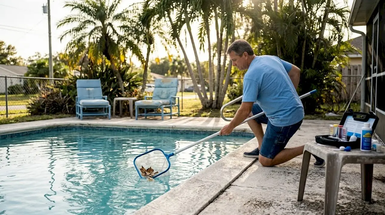 Homeowner performing pool maintenance in Florida yard