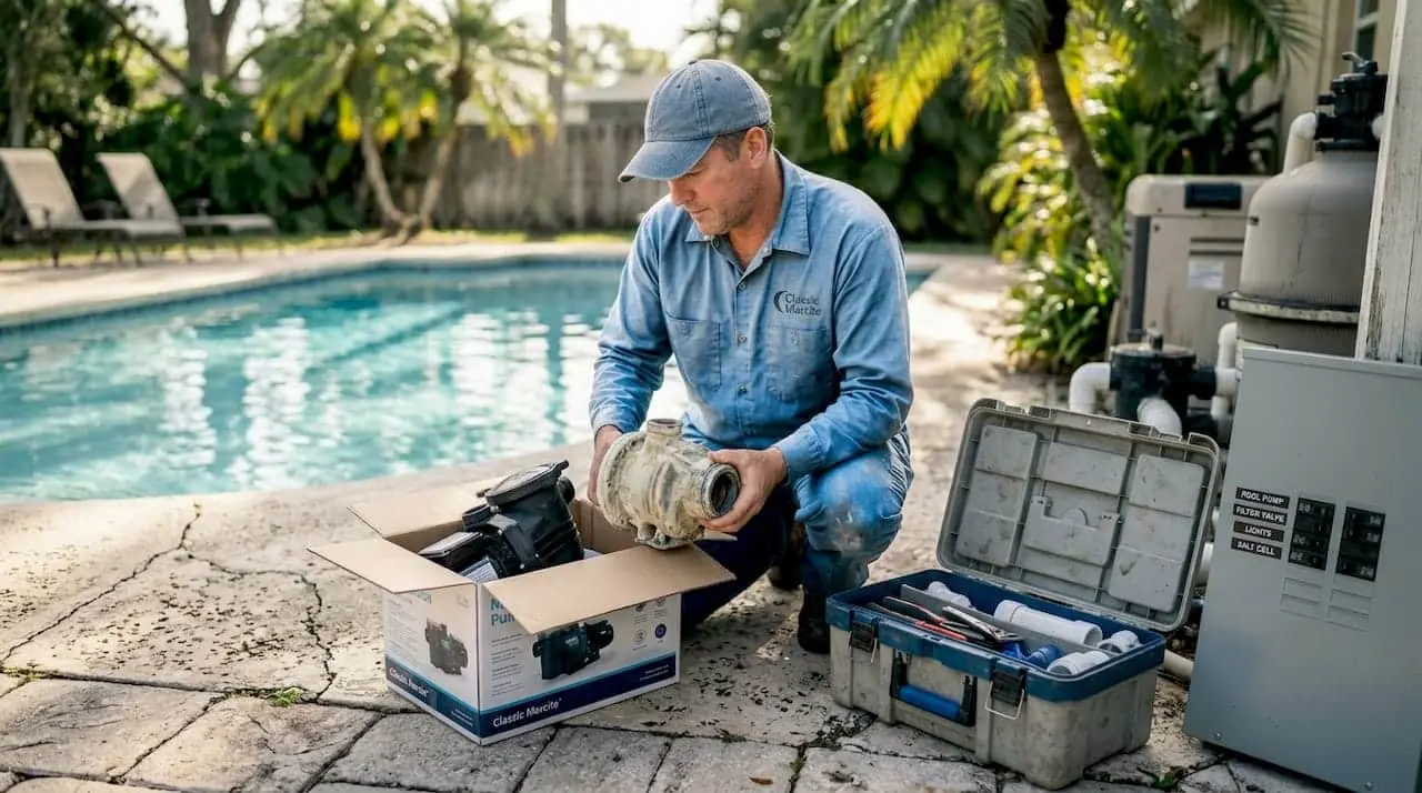 Homeowner inspecting pool equipment in backyard