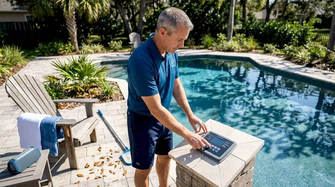 Homeowner adjusting pool control in backyard