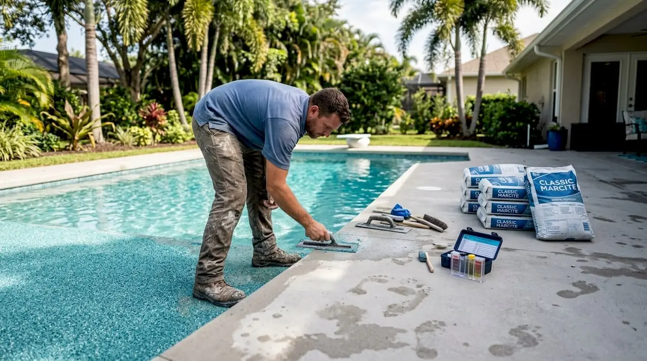 Contractor applying quartz finish poolside