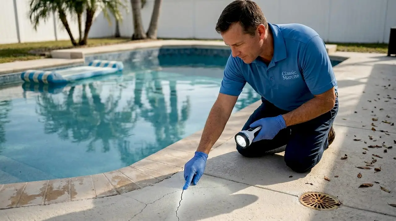 Pool technician inspecting Florida pool for leaks