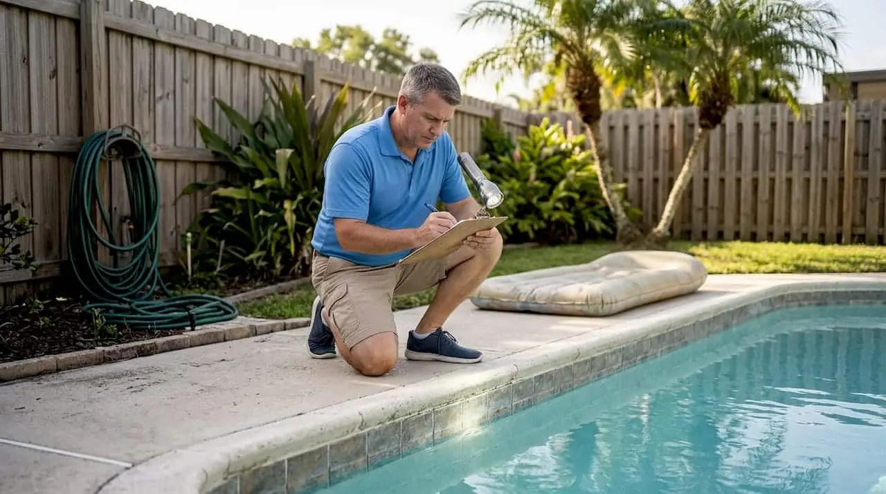 Man inspecting pool surface Florida backyard