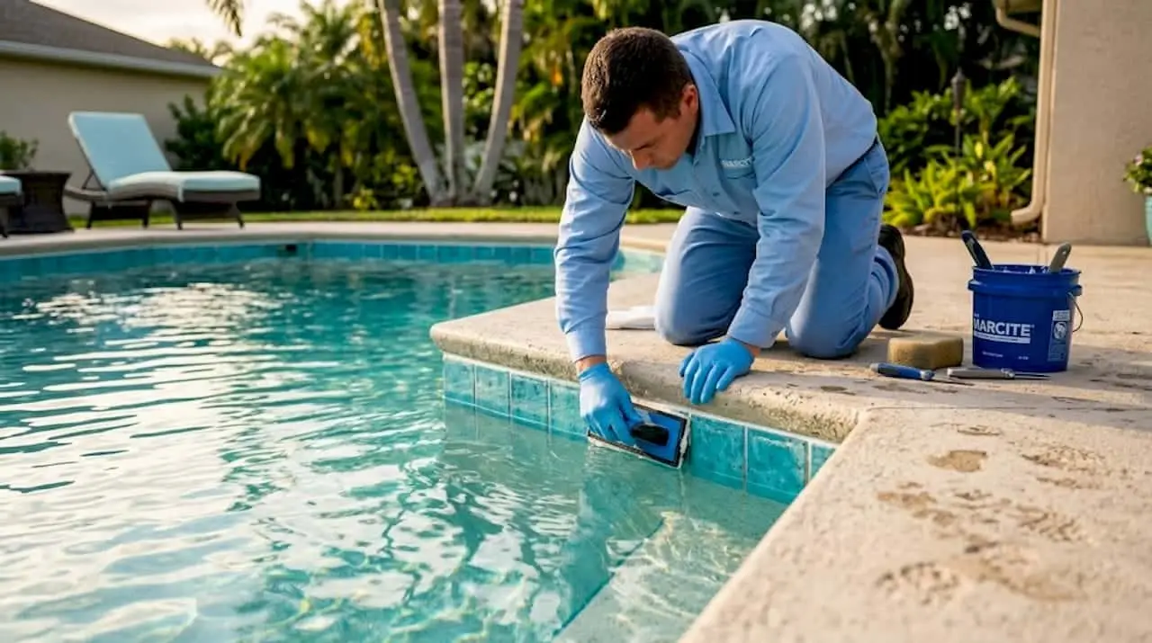 Technician applying pool tile grout at Florida home