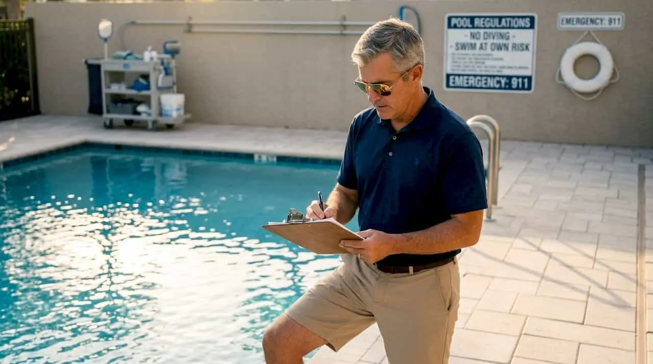 Property manager reviewing pool compliance checklist
