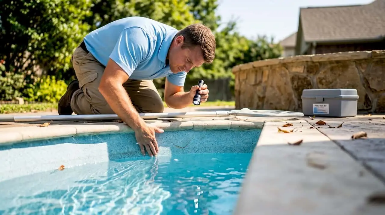 Pool technician inspecting pool surface for damage