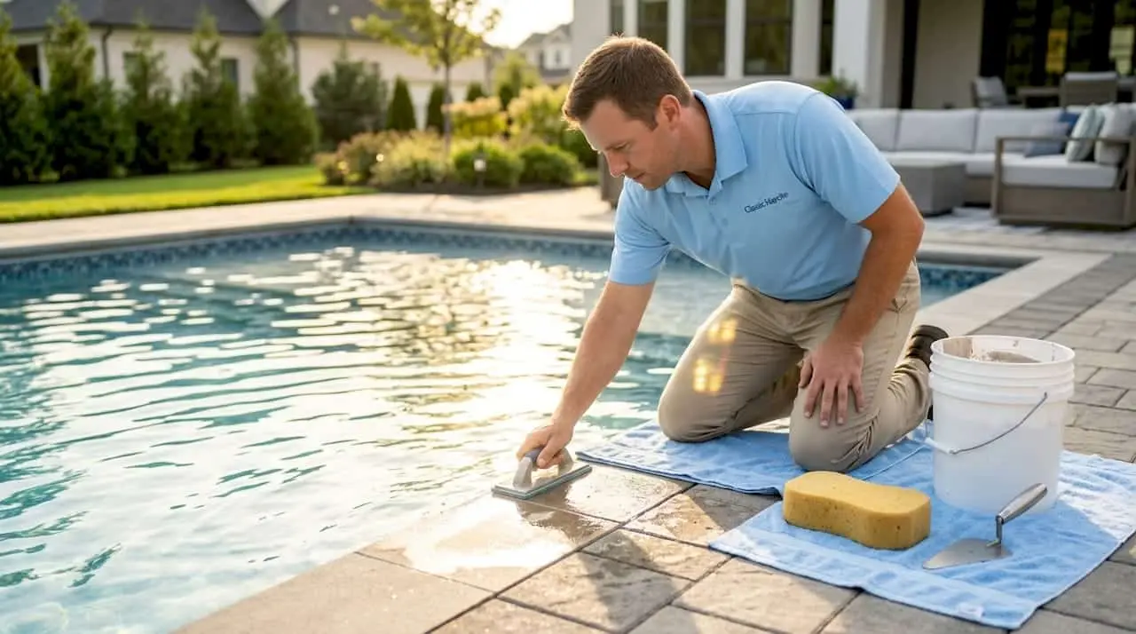 Pool technician inspecting waterline tile installation