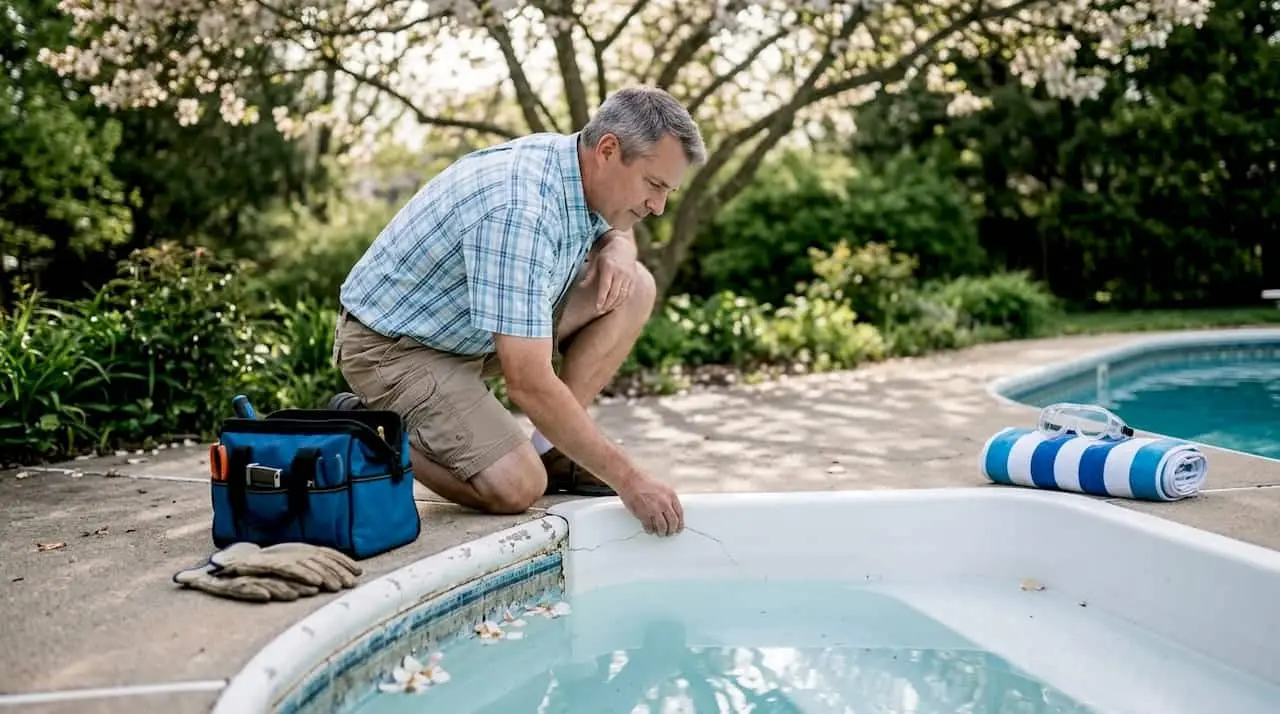 Homeowner inspecting pool steps for damage