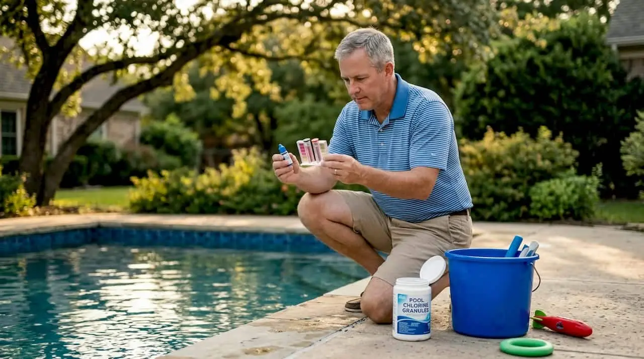 Homeowner testing pool water chemistry at backyard pool