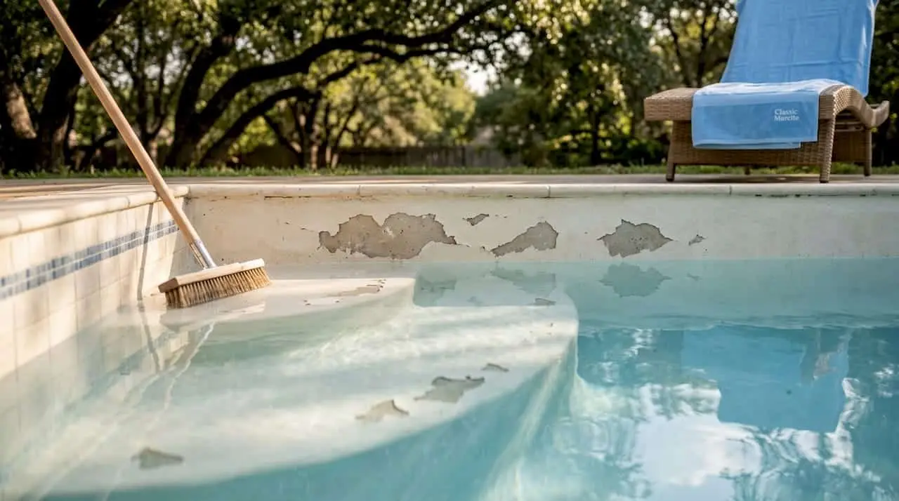 Close-up of pool plaster chipping damage