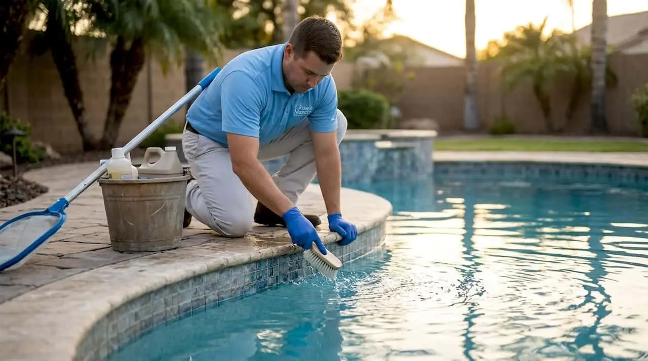 Professional cleaning faded pool tiles at waterline