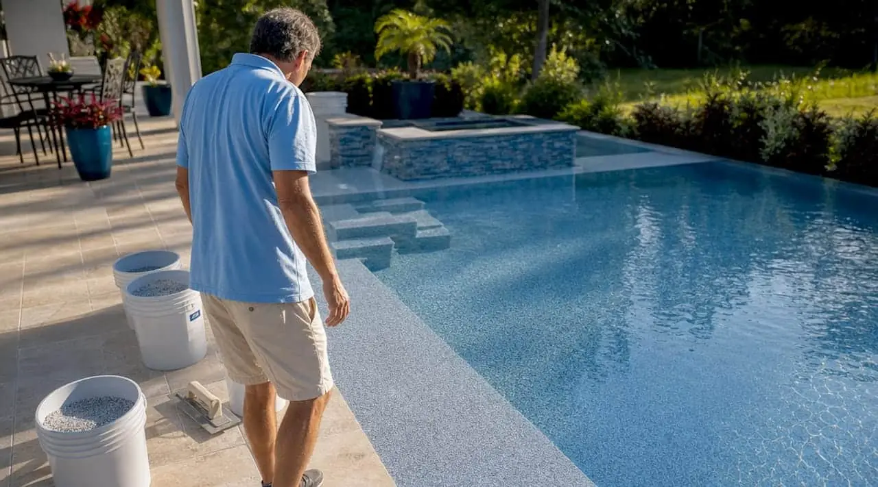 Technician inspecting pool pebble finish at backyard pool