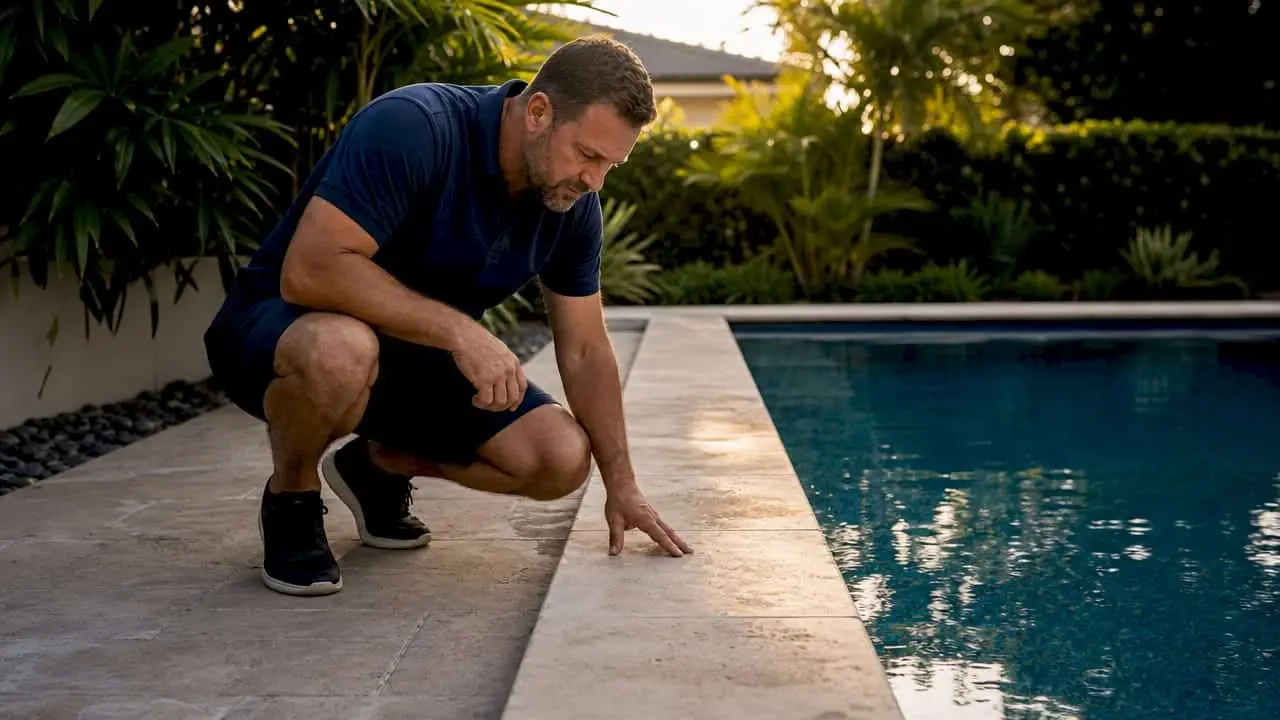 Professional inspecting pool coping stones beside pool