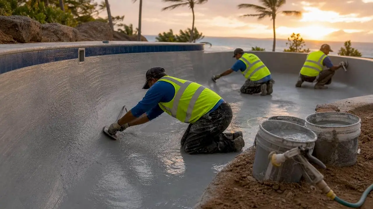 Pool technicians resurfacing pool interior