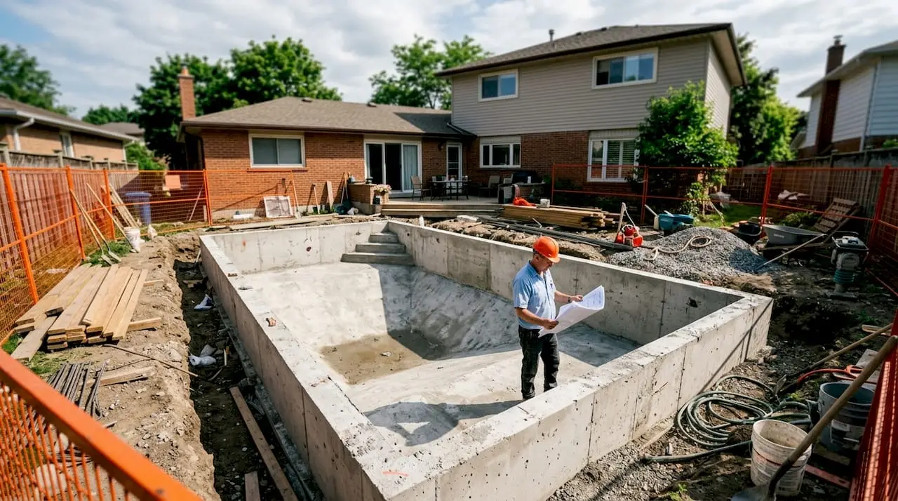 Aerial view of inground pool shell under construction