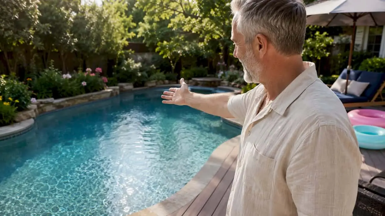 Homeowner showing pebble finish pool surface