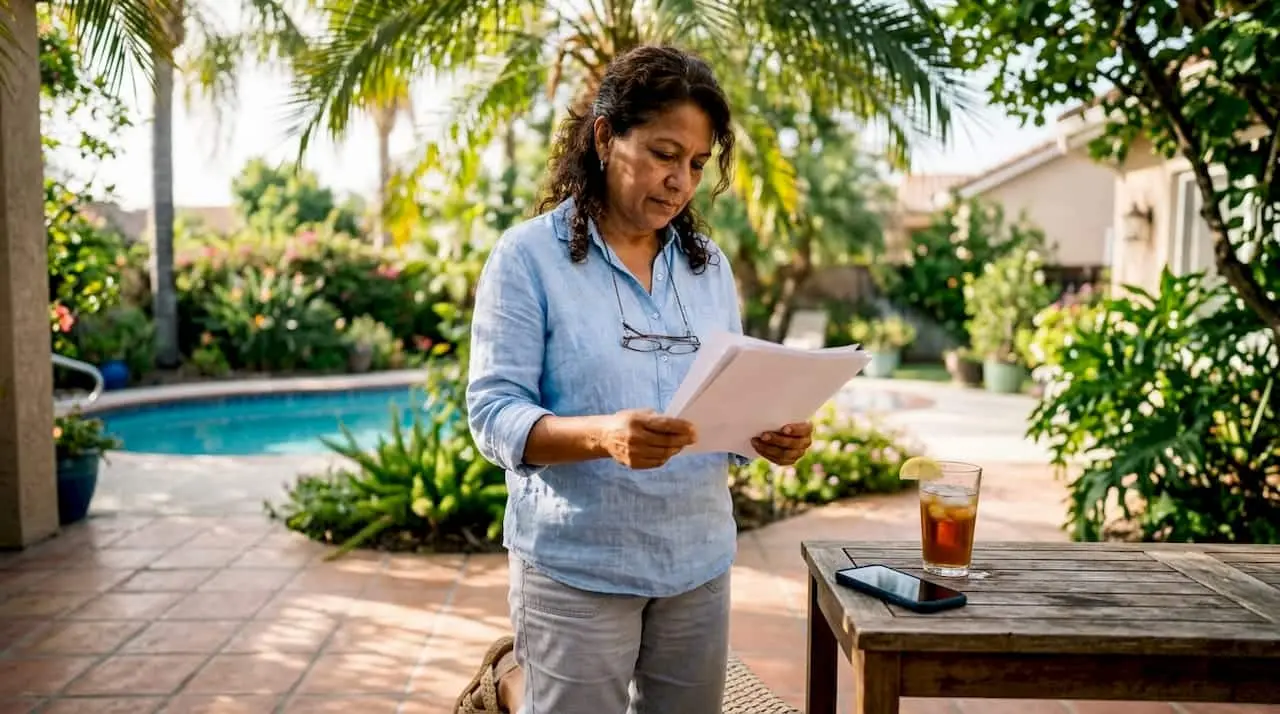 Homeowner reading pool permit documents inside Florida home