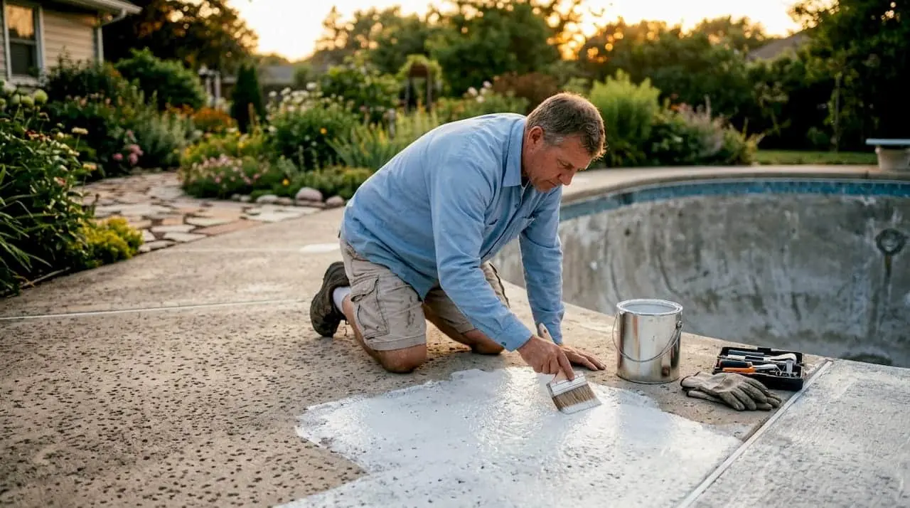 Pool technician applying waterproofing membrane