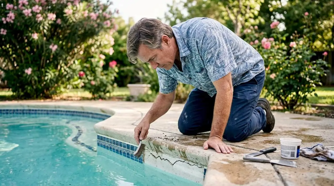 Homeowner inspecting crack on pool edge outdoors