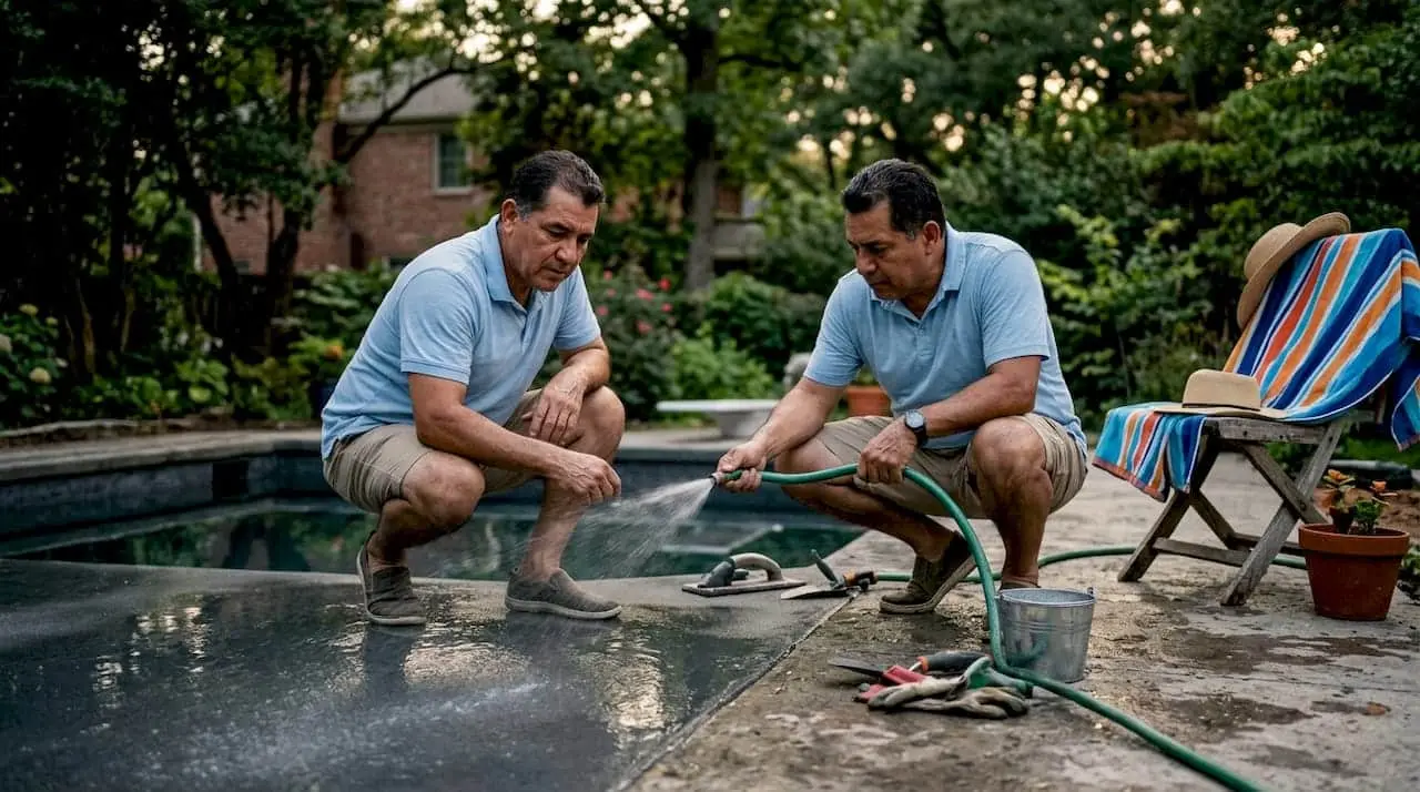 Homeowner inspecting and misting new pool shell