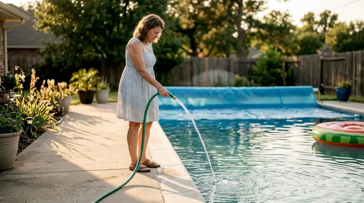 Homeowner refilling backyard pool with hose