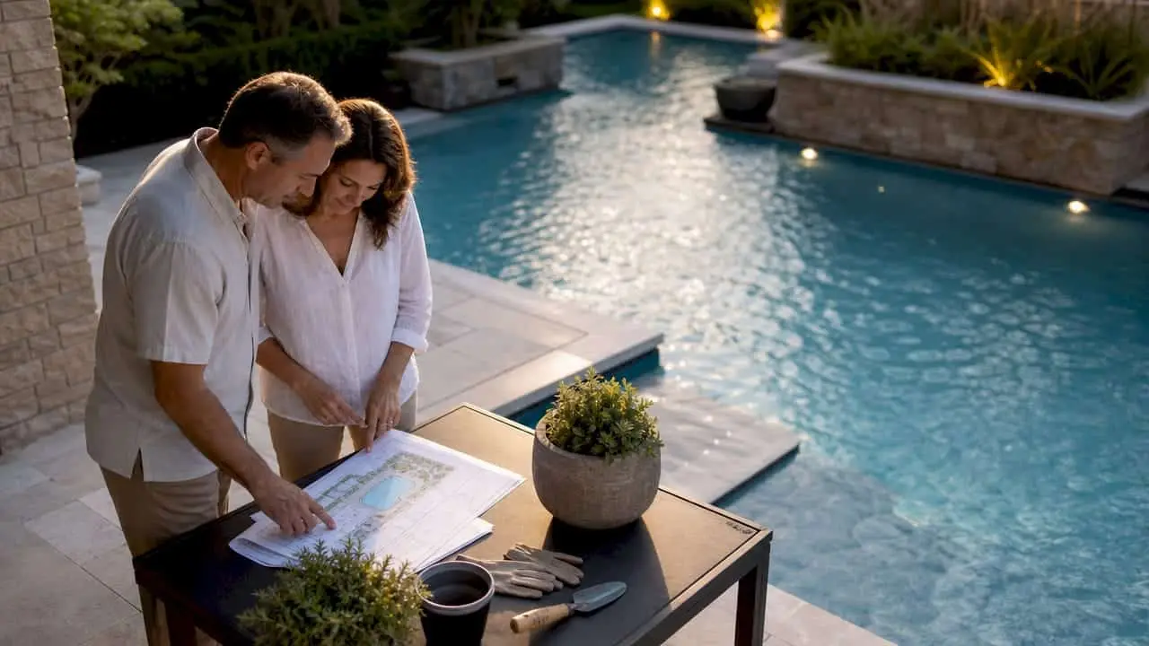 Couple reviewing renovated pool in backyard