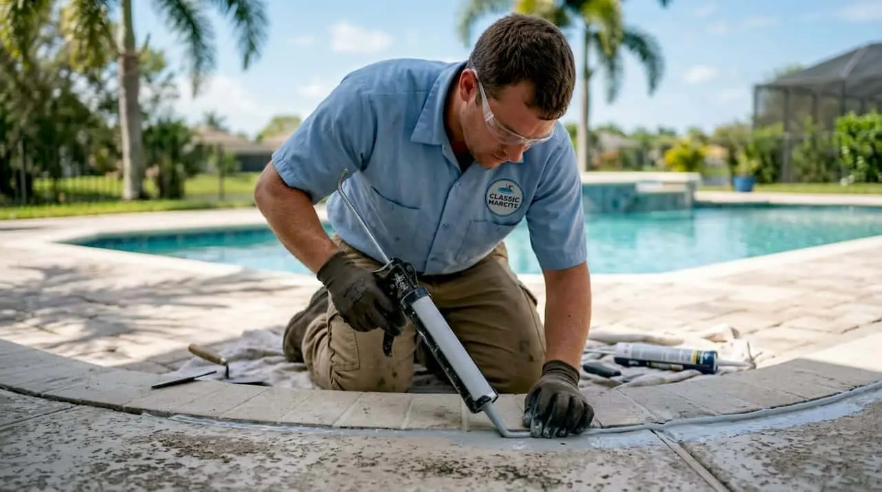 Contractor sealing pool expansion joint gap